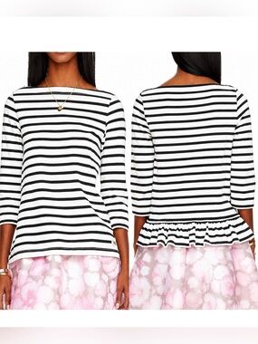 Kate Spade New York Broome Street Striped Boat Neck Top Black White 3/4 Sleeve M
